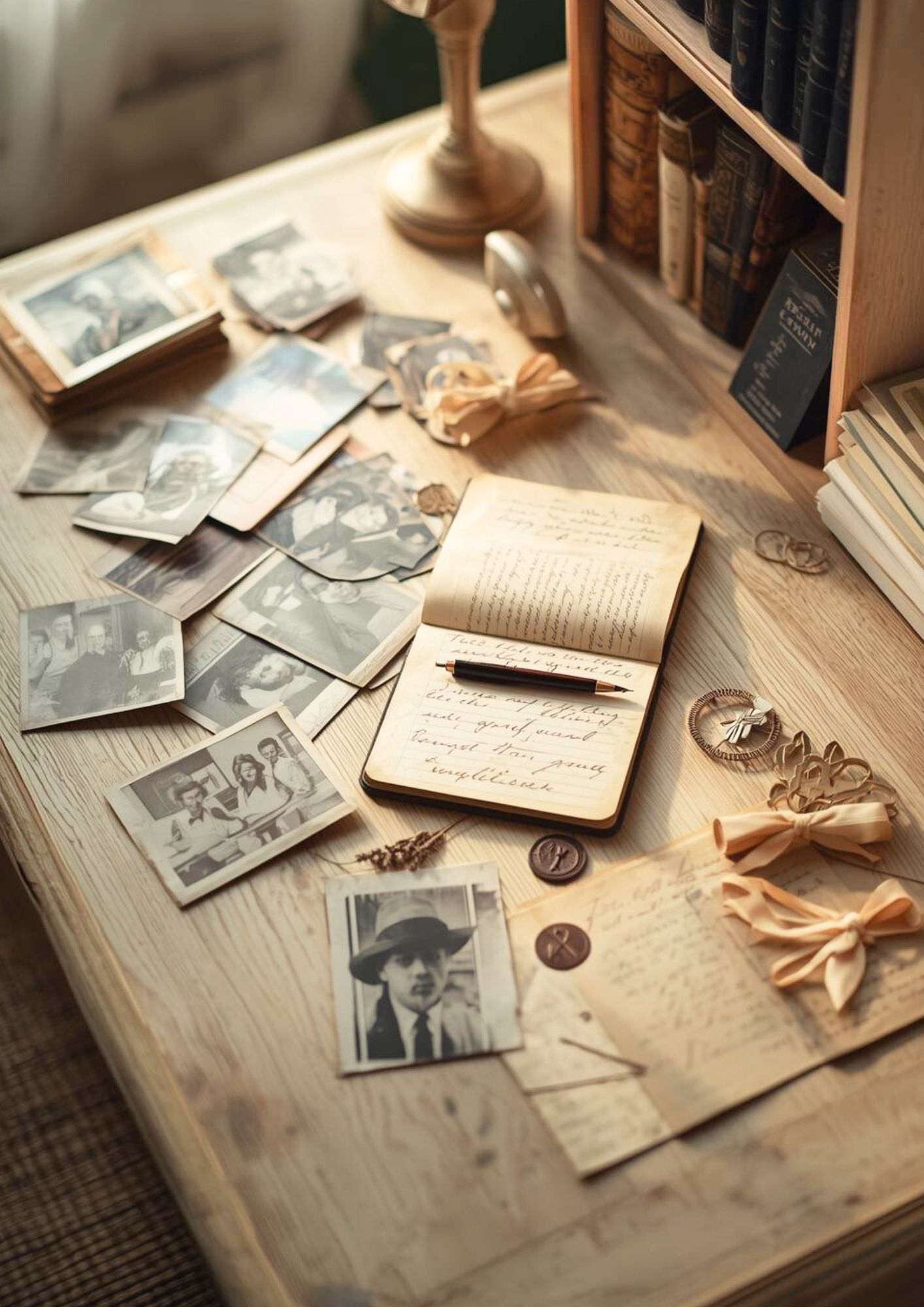Carnet manuscrit ouvert, photographies de famille et bibliothèque ancienne.